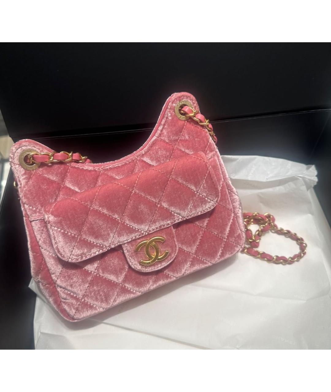 CHANEL Розовая бархатная сумка через плечо, фото 6