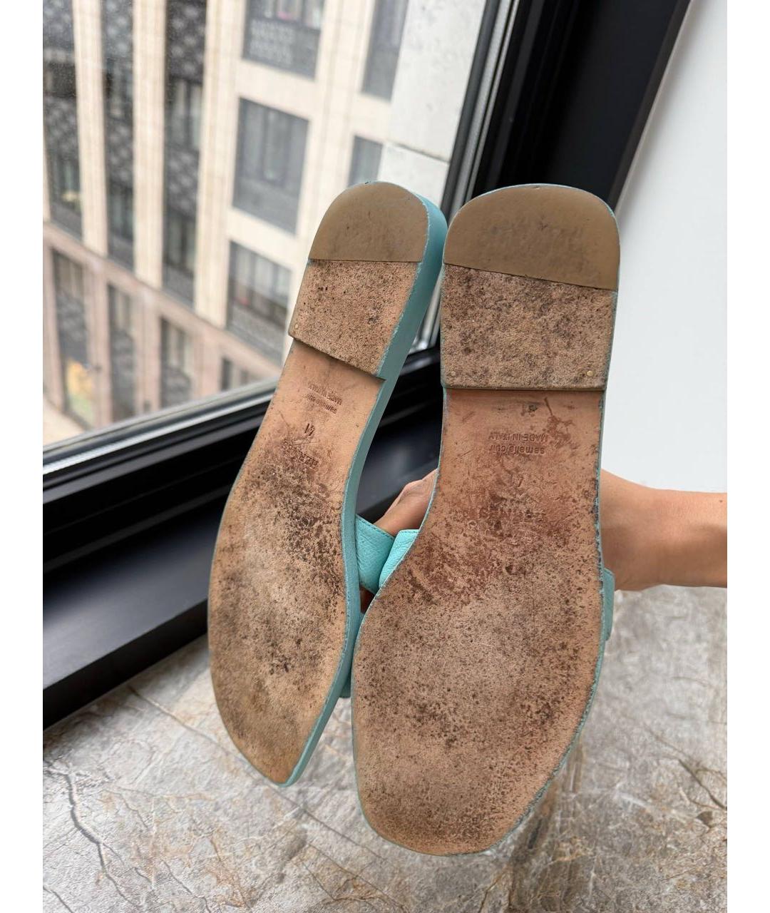 HERMES Бирюзовые кожаные шлепанцы, фото 5