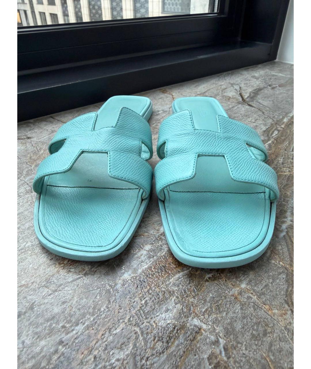 HERMES Бирюзовые кожаные шлепанцы, фото 2
