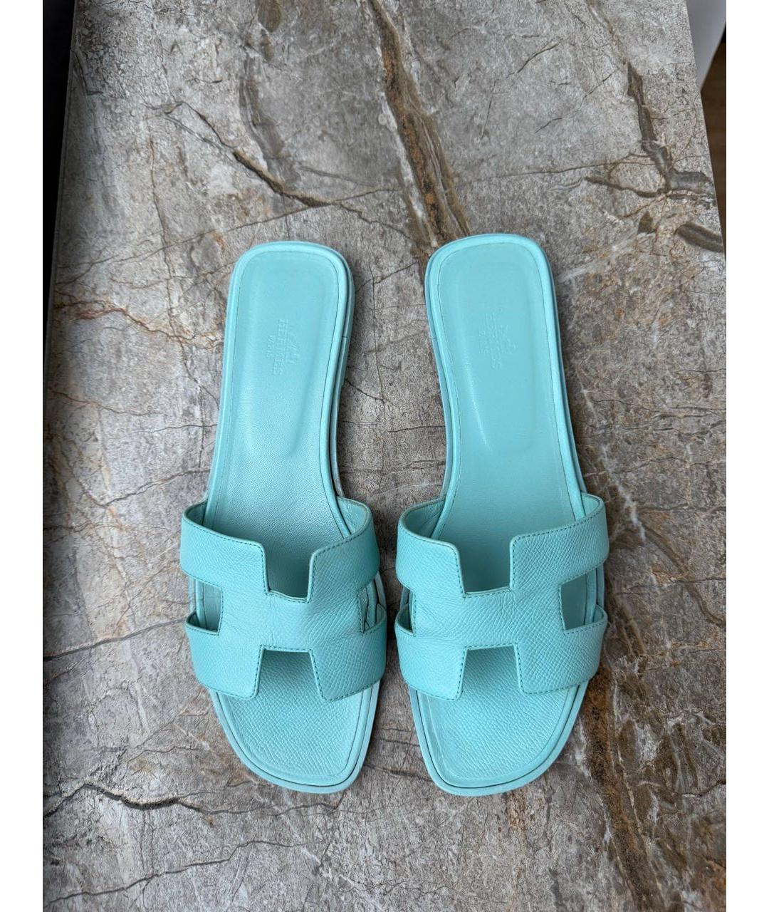 HERMES Бирюзовые кожаные шлепанцы, фото 3