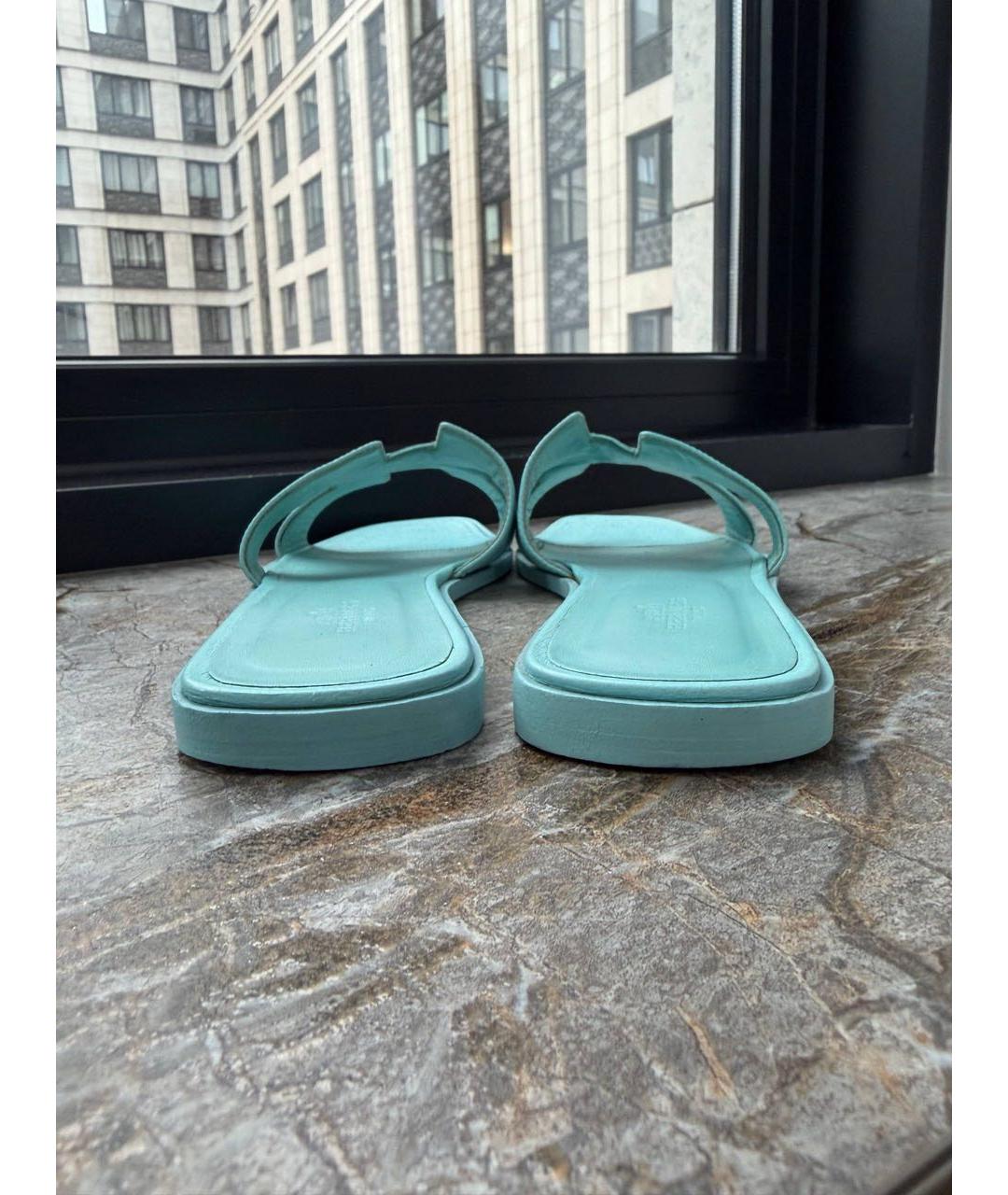 HERMES Бирюзовые кожаные шлепанцы, фото 4