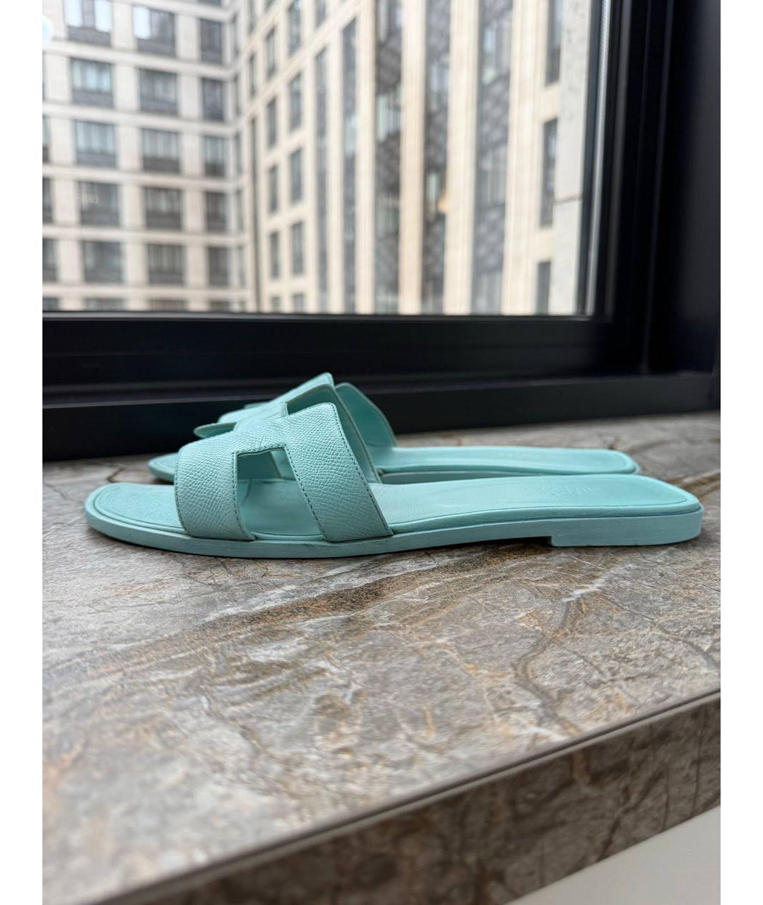 HERMES Бирюзовые кожаные шлепанцы, фото 6