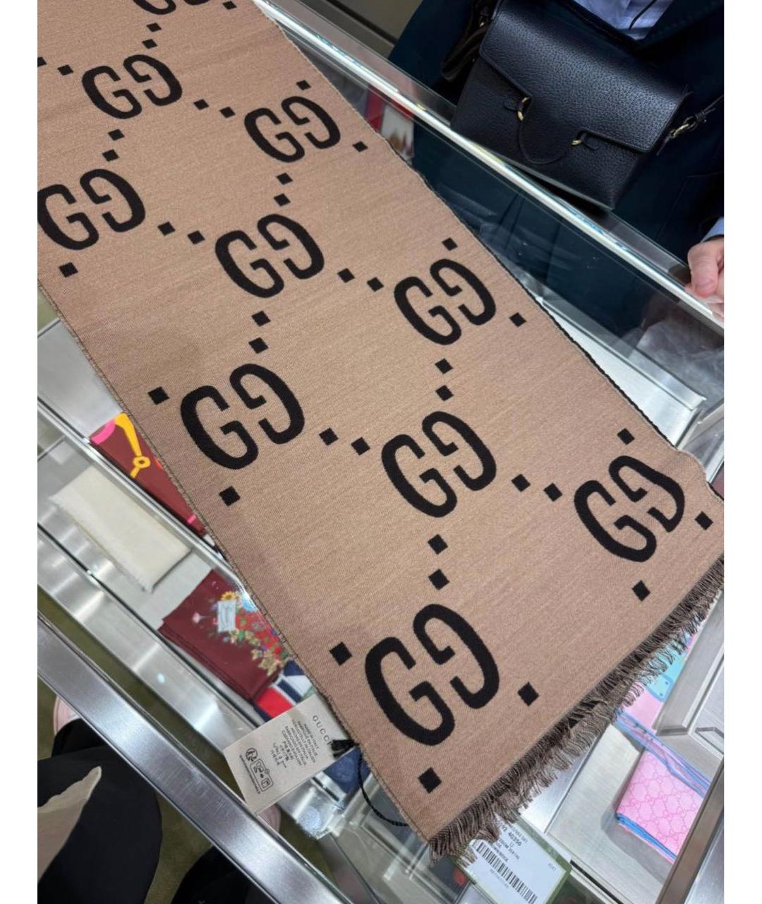 GUCCI Коричневый шерстяной шарф, фото 5