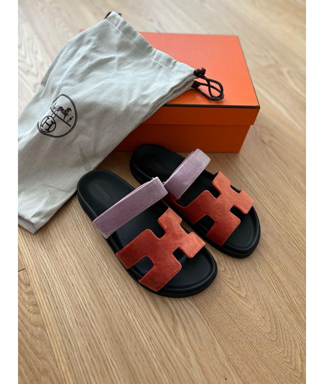 HERMES Мульти бархатные шлепанцы, фото 8