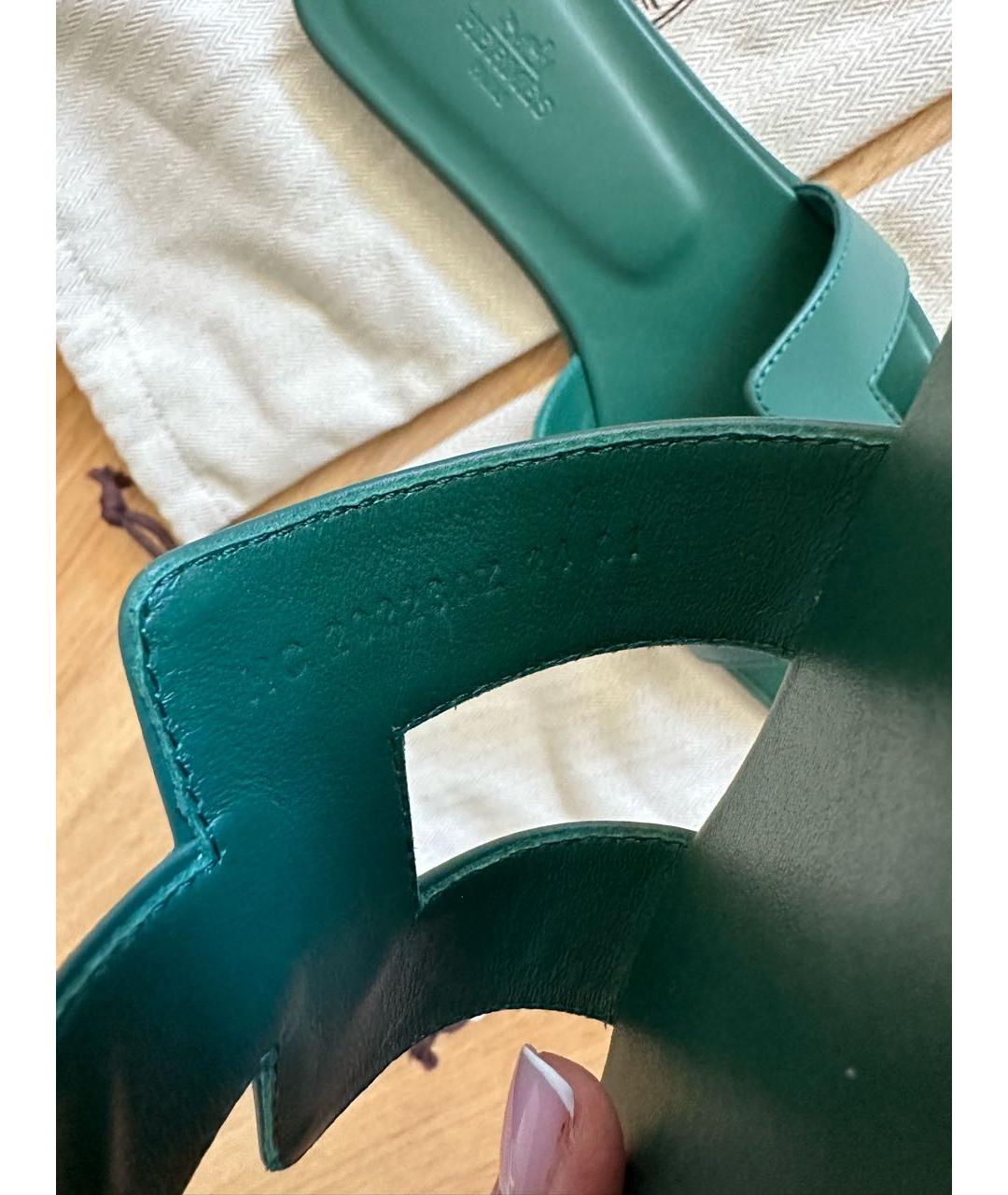 HERMES Зеленые кожаные шлепанцы, фото 6