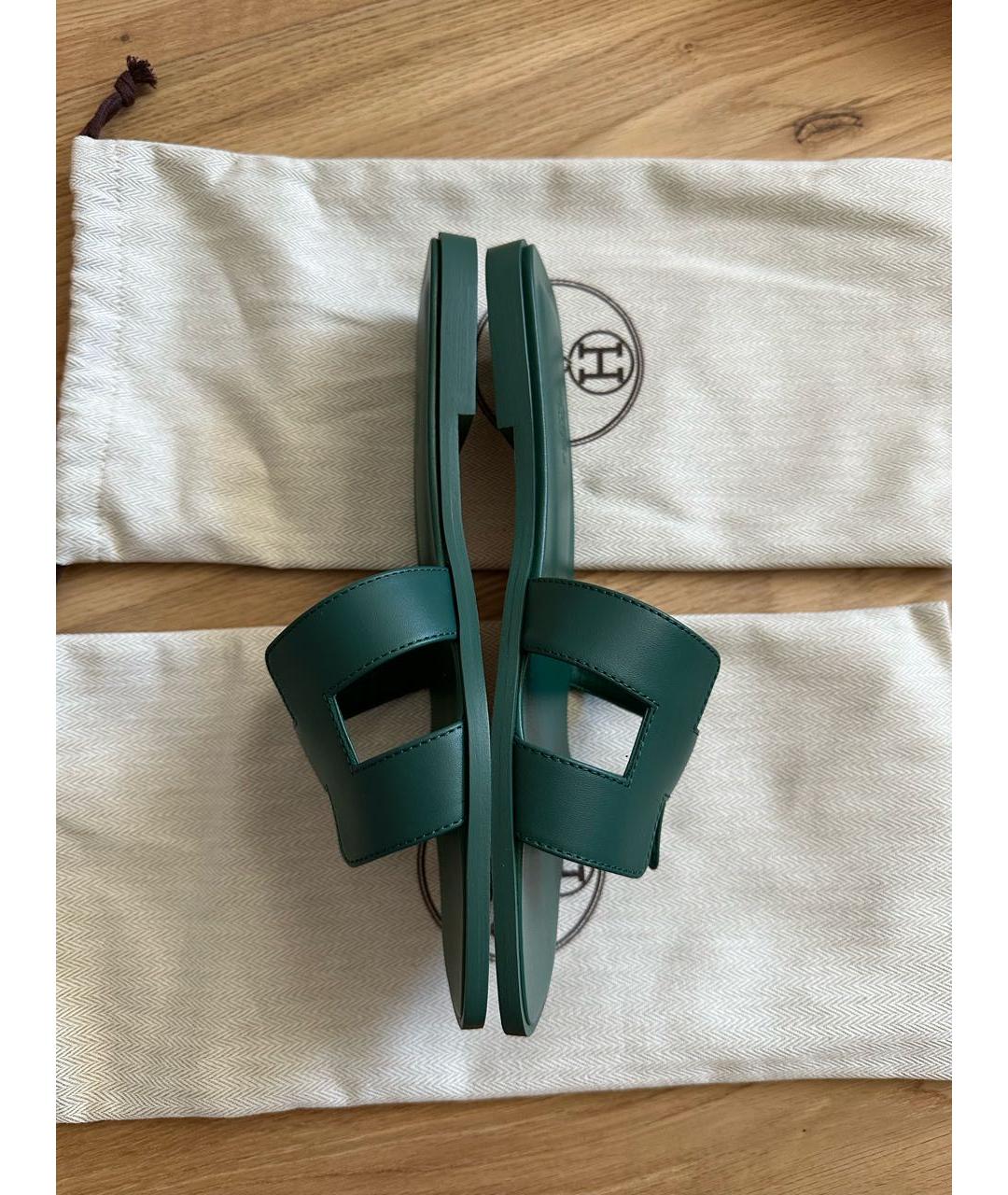 HERMES Зеленые кожаные шлепанцы, фото 3