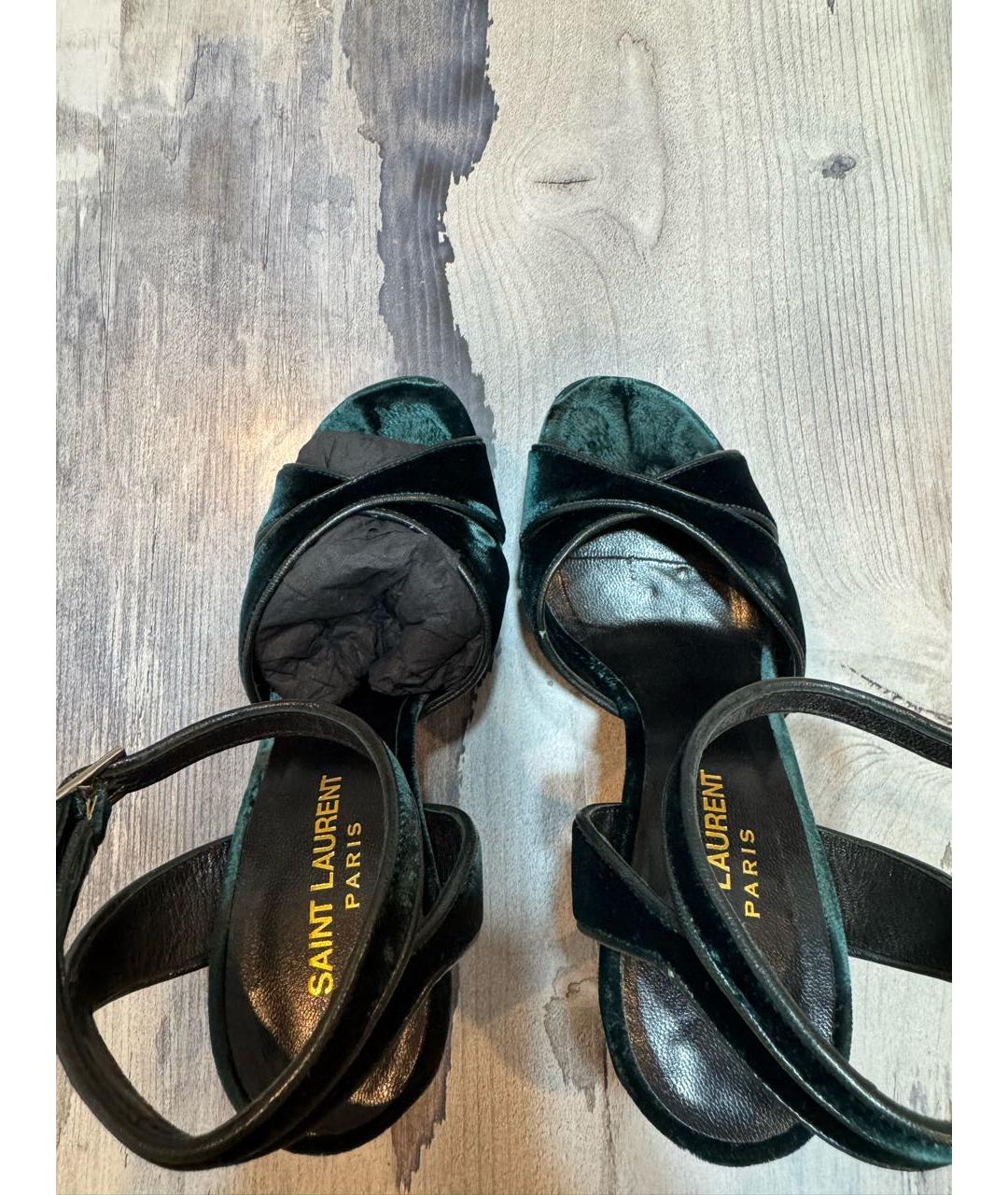 SAINT LAURENT Зеленые бархатные босоножки, фото 3