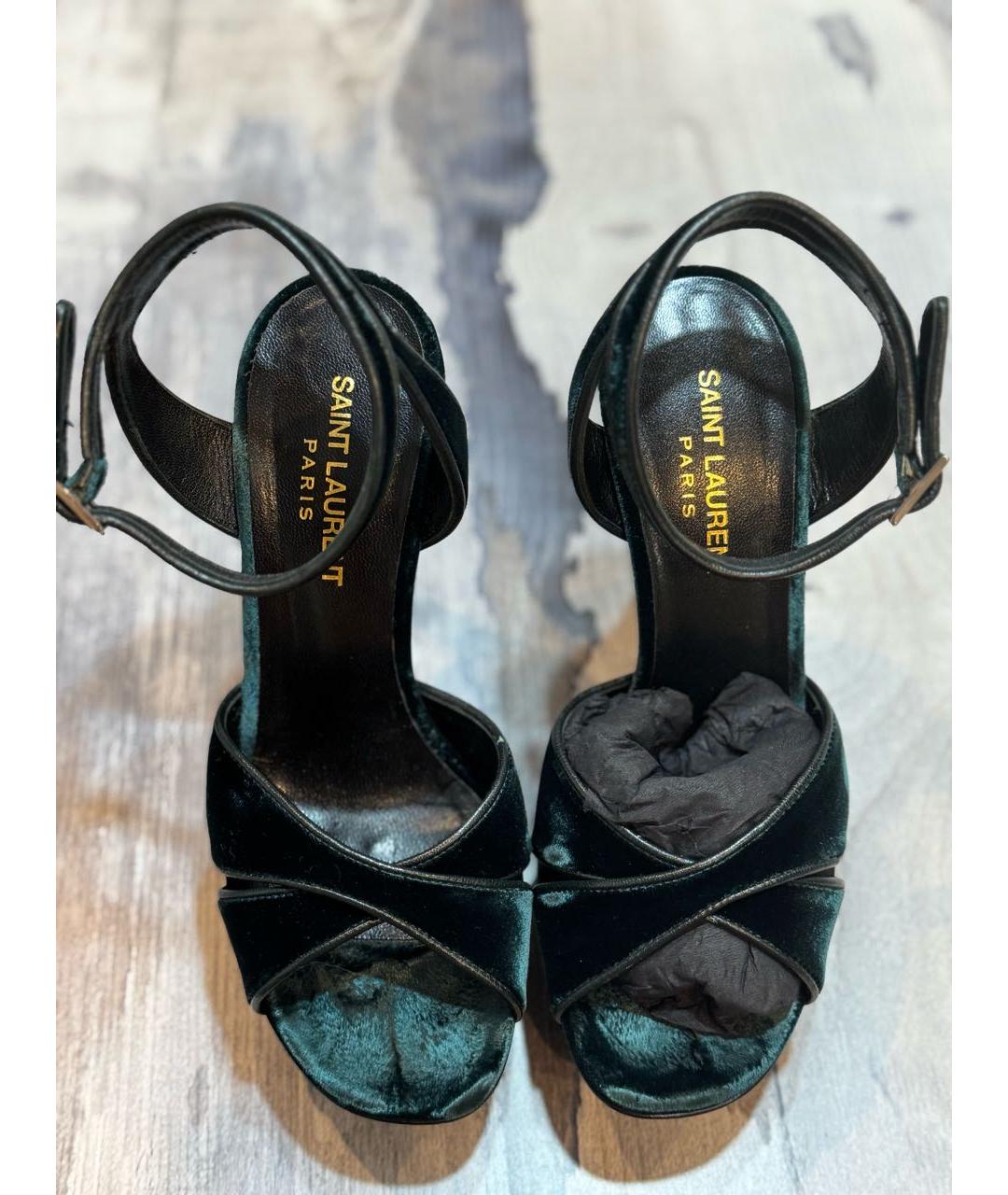 SAINT LAURENT Зеленые бархатные босоножки, фото 2