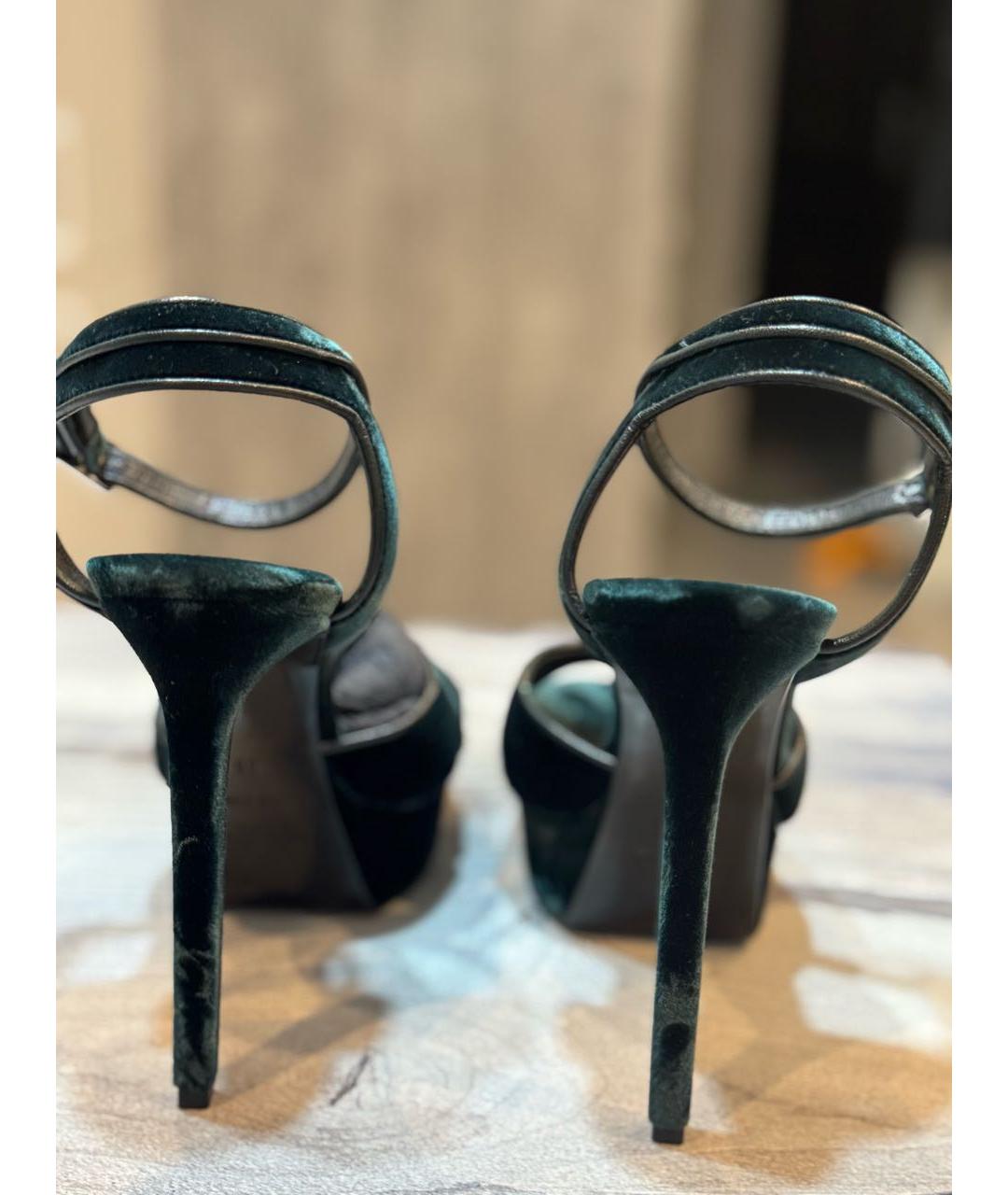 SAINT LAURENT Зеленые бархатные босоножки, фото 4