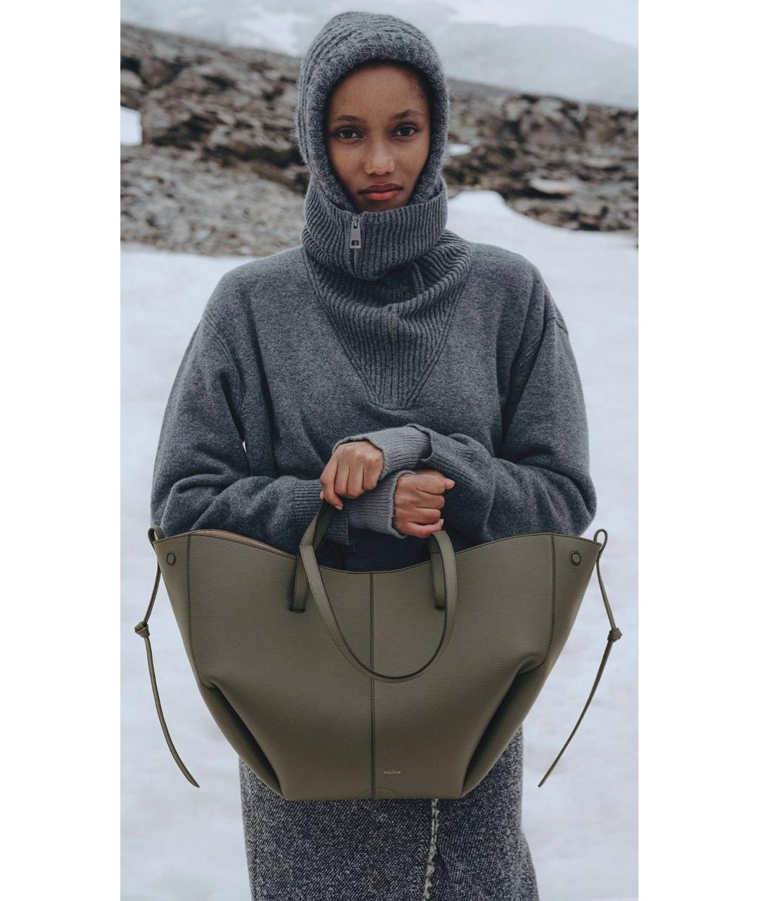 POLENE Хаки кожаная сумка тоут, фото 2