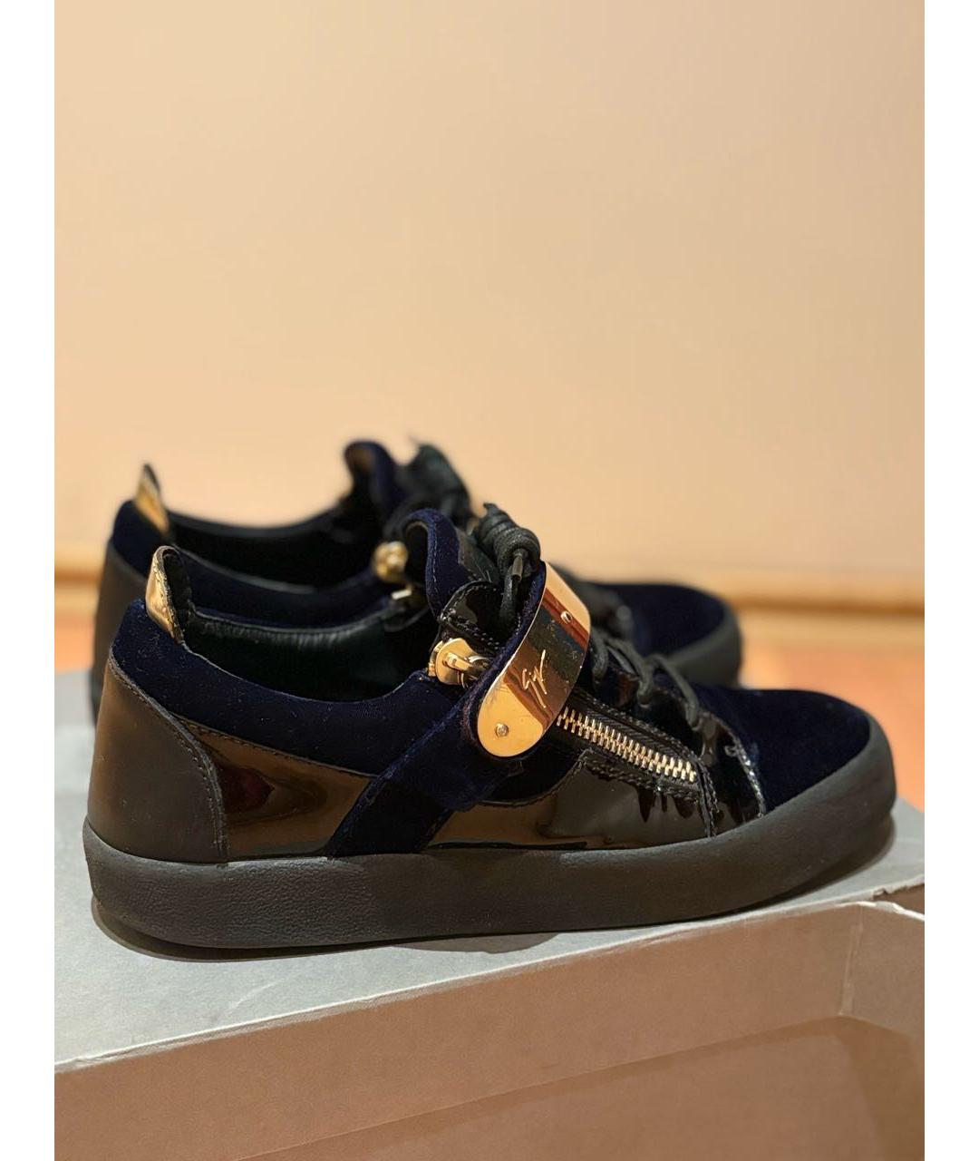 GIUSEPPE ZANOTTI DESIGN Темно-синие бархатные низкие кроссовки / кеды, фото 3