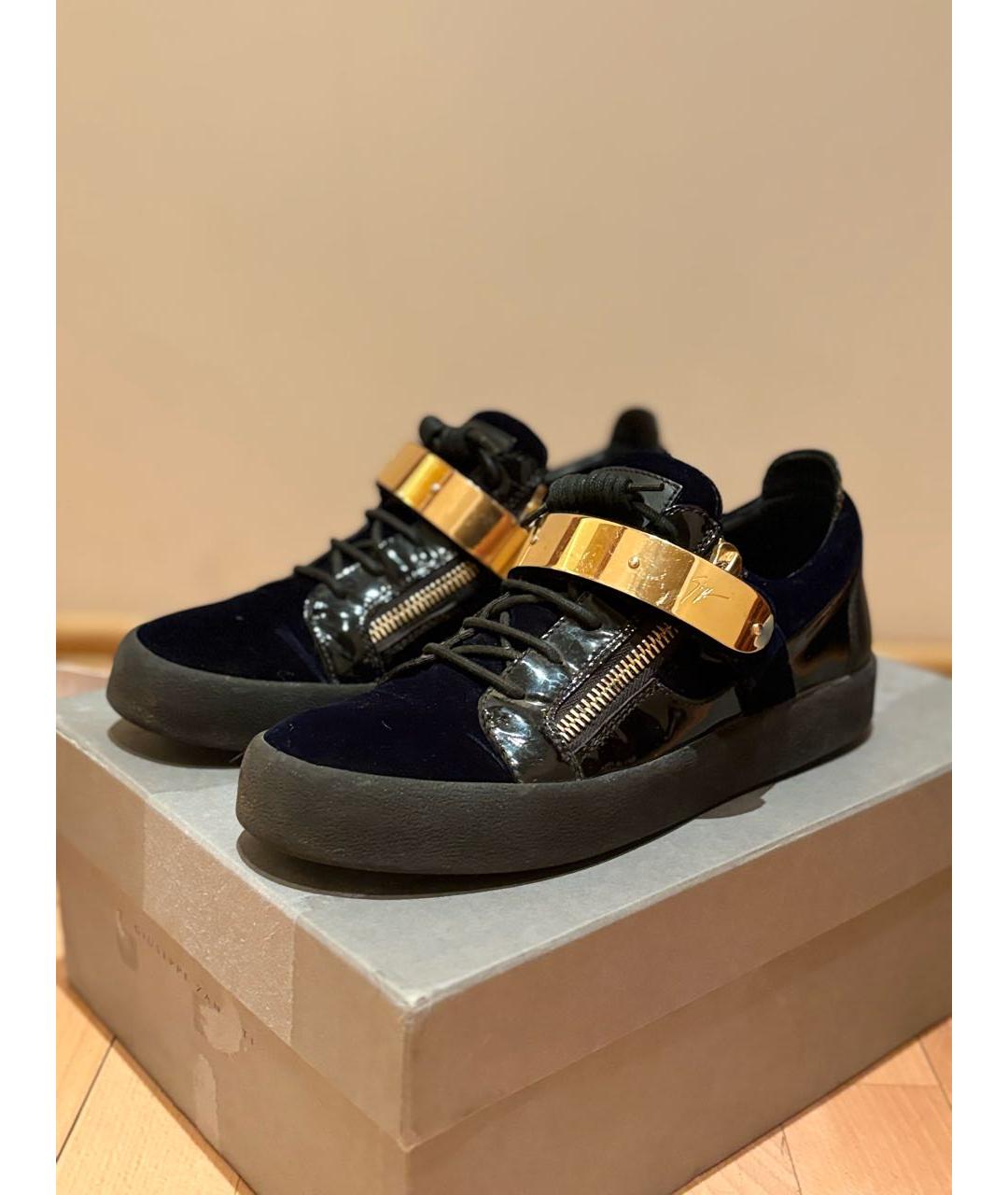GIUSEPPE ZANOTTI DESIGN Темно-синие бархатные низкие кроссовки / кеды, фото 9