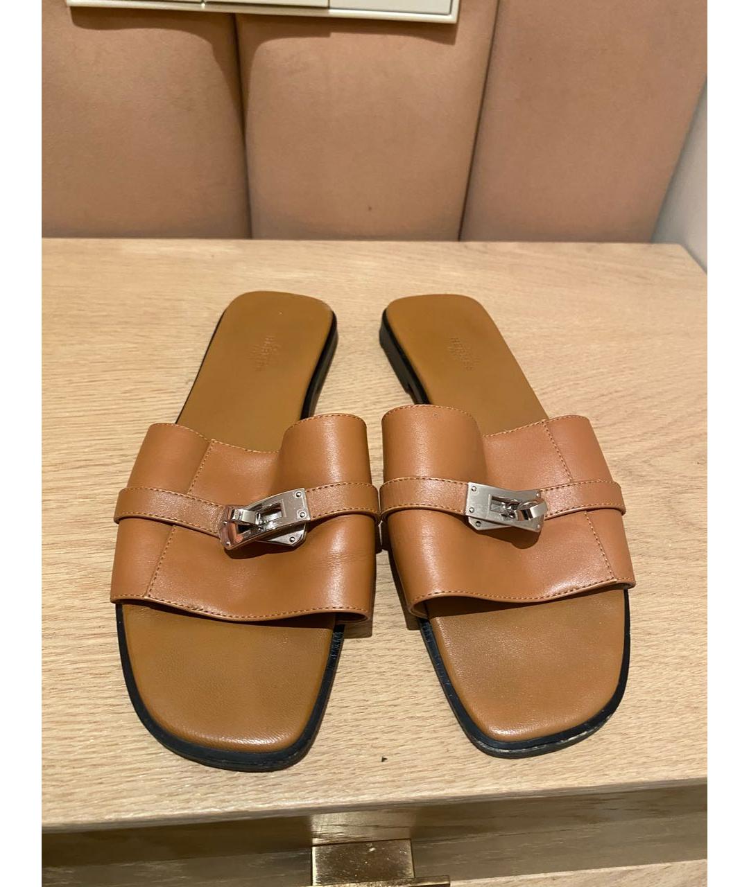 HERMES Коричневые кожаные шлепанцы, фото 2