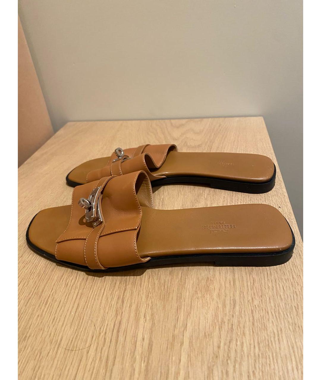 HERMES Коричневые кожаные шлепанцы, фото 4