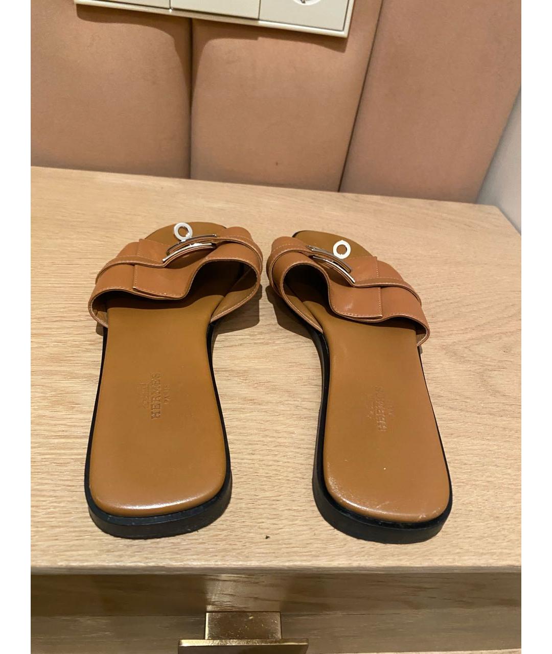 HERMES Коричневые кожаные шлепанцы, фото 3
