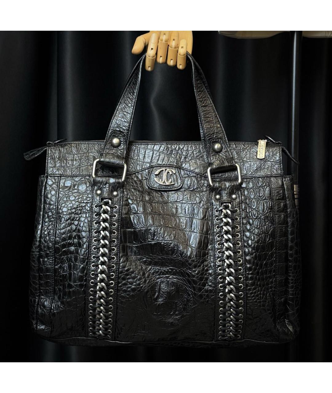 ROBERTO CAVALLI Черная кожаная сумка с короткими ручками, фото 8