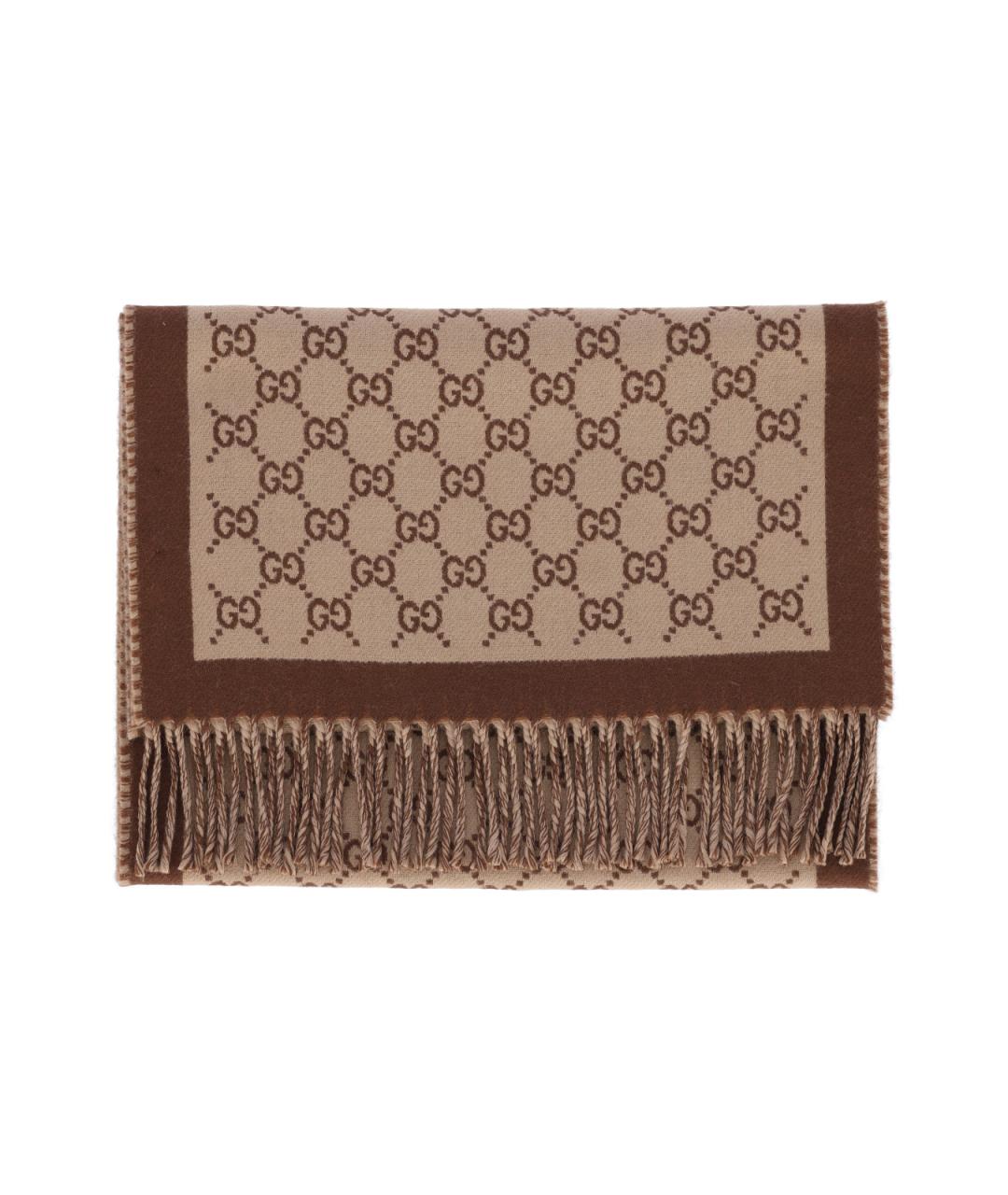 GUCCI Коричневый шерстяной шарф, фото 2