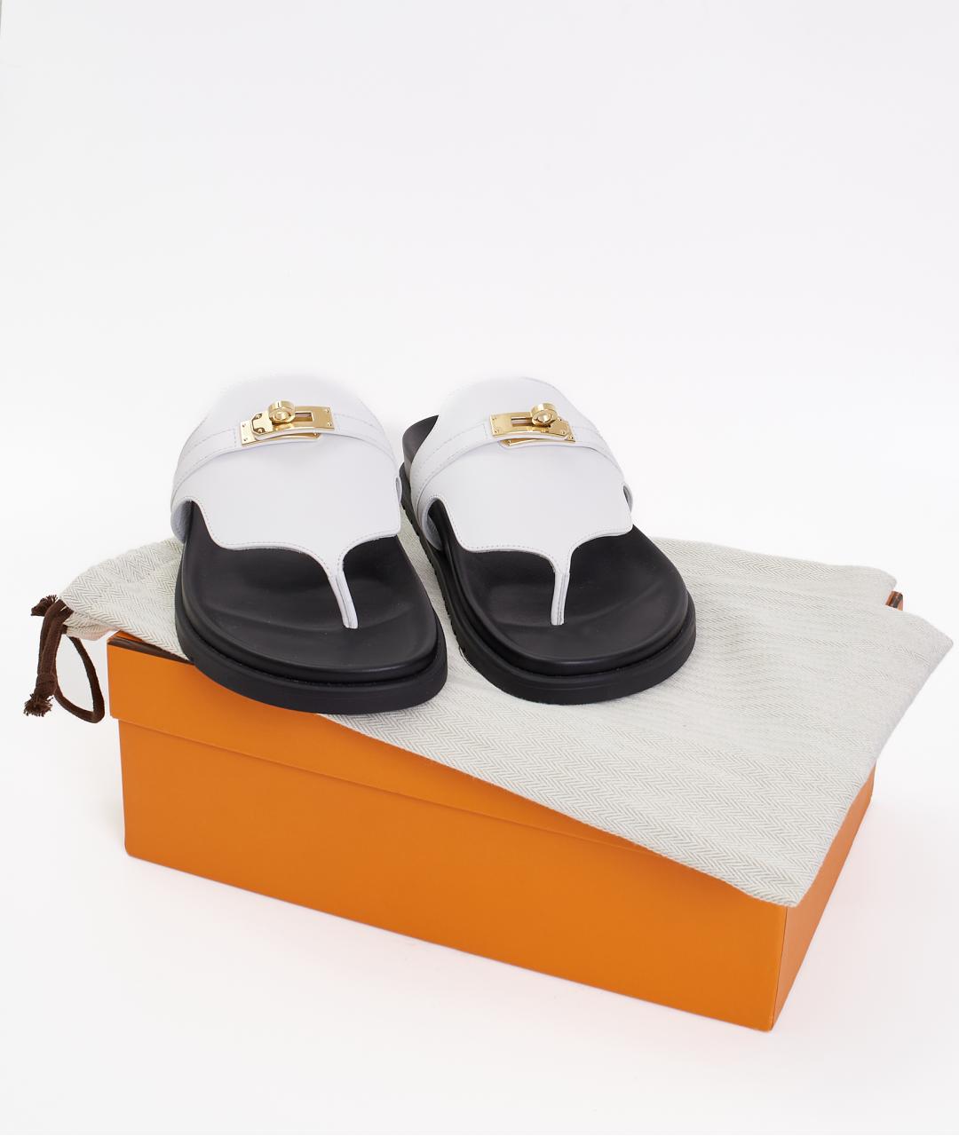 HERMES Белые кожаные шлепанцы, фото 6