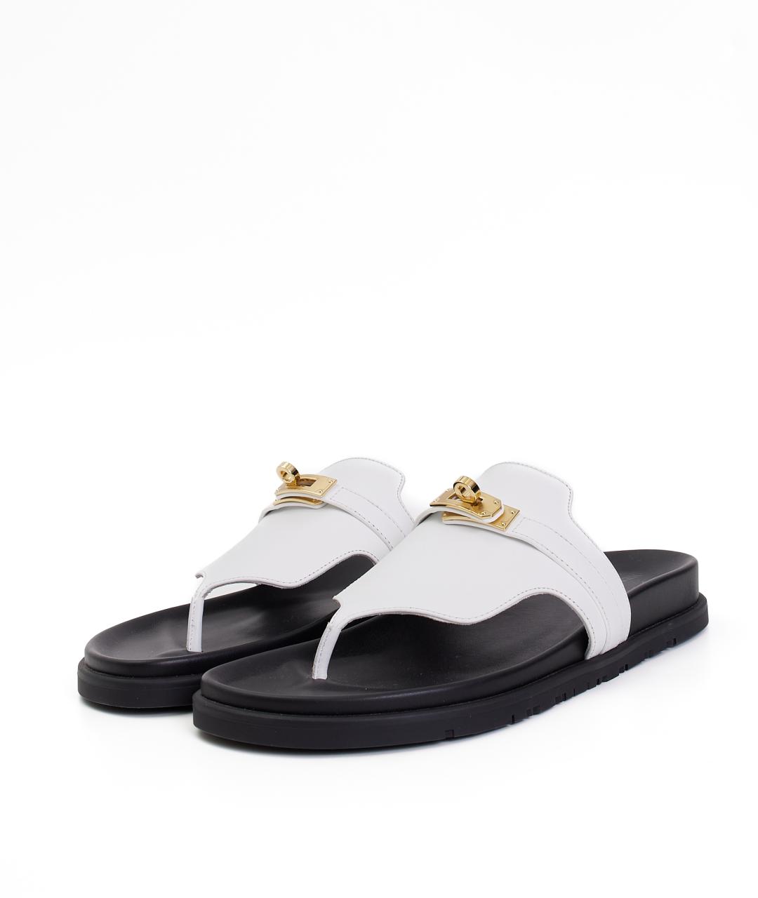 HERMES Белые кожаные шлепанцы, фото 2