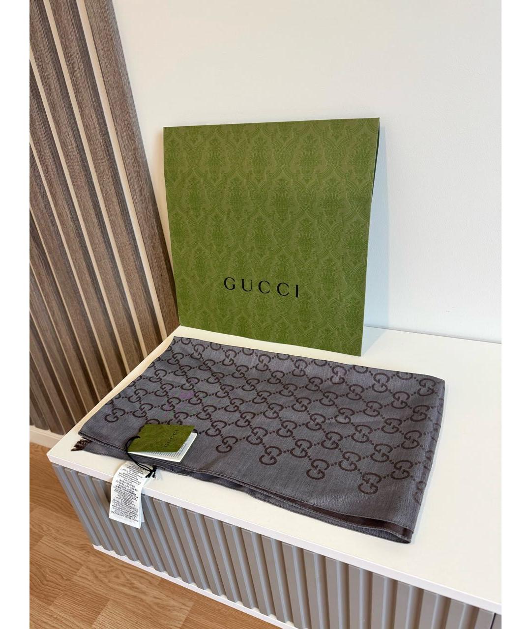 GUCCI Коричневый шерстяной шарф, фото 3