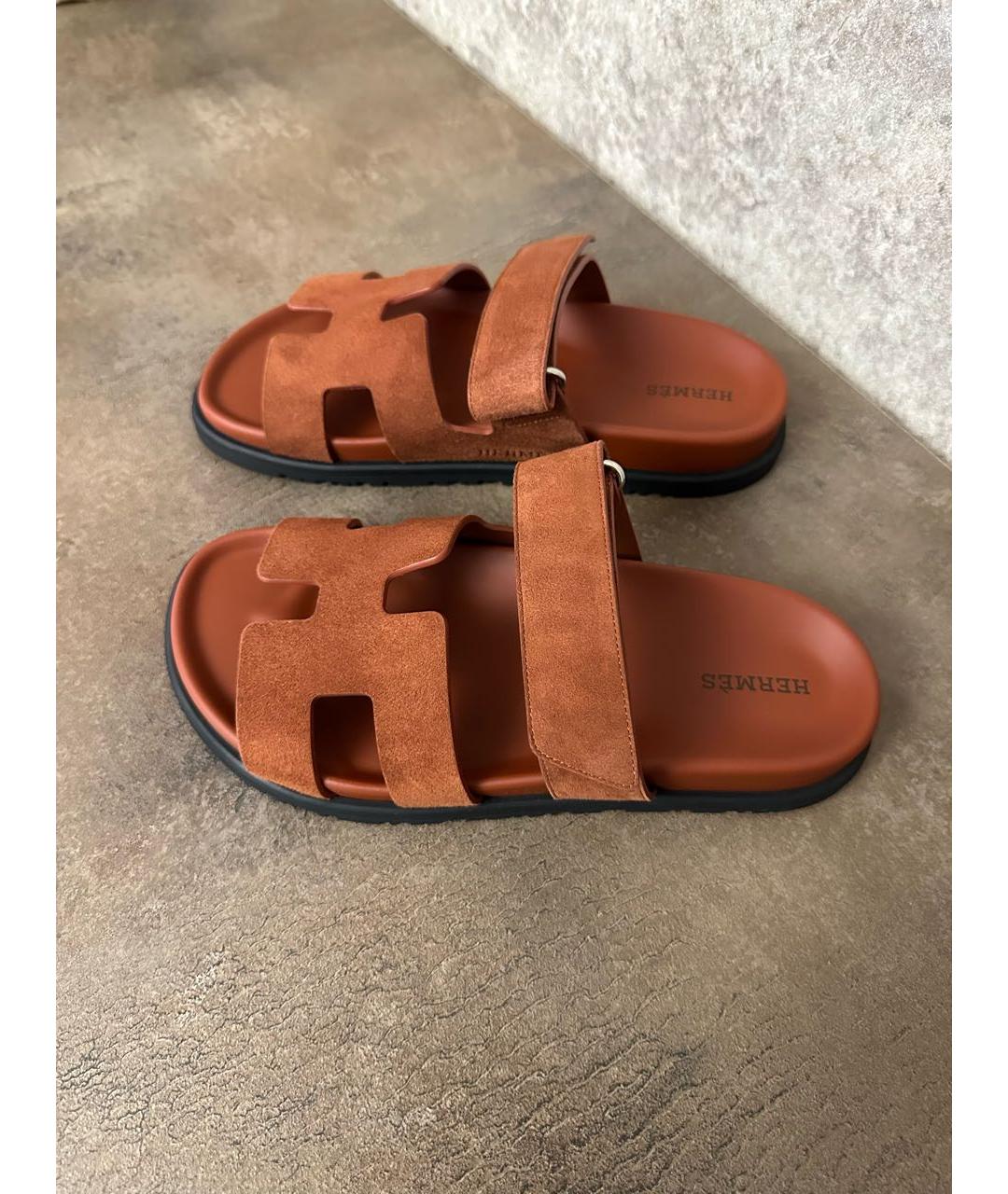 HERMES Оранжевое замшевые шлепанцы, фото 4