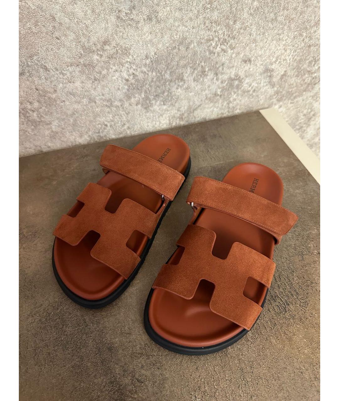 HERMES Оранжевое замшевые шлепанцы, фото 2