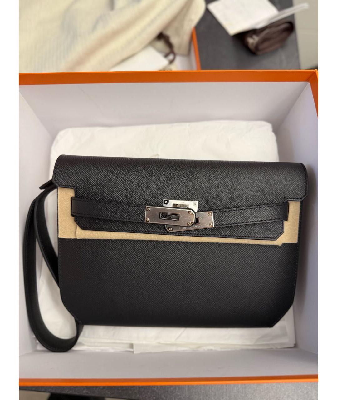 HERMES Черная кожаная барсетка, фото 6