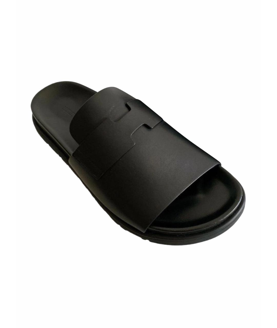 HERMES Черные кожаные шлепанцы, фото 1