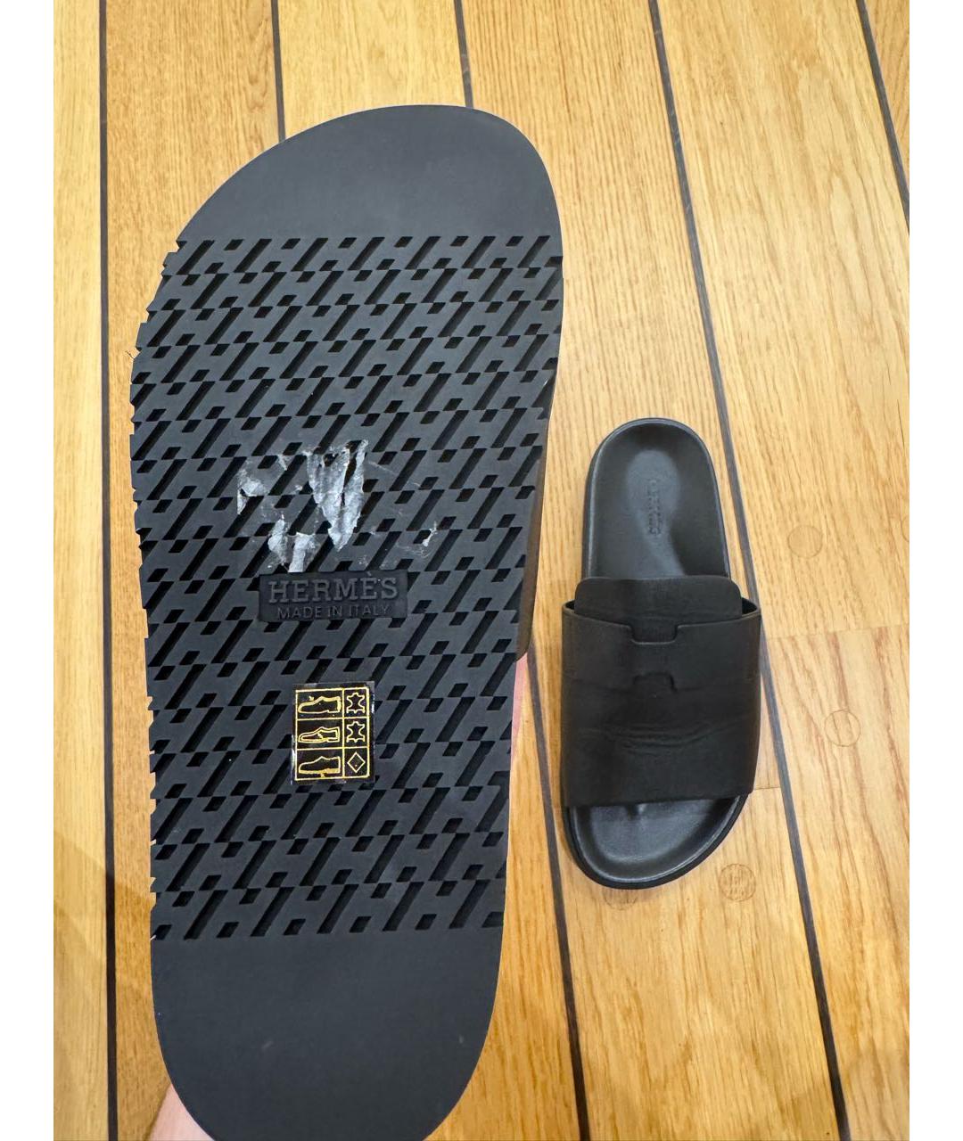 HERMES Черные кожаные шлепанцы, фото 4