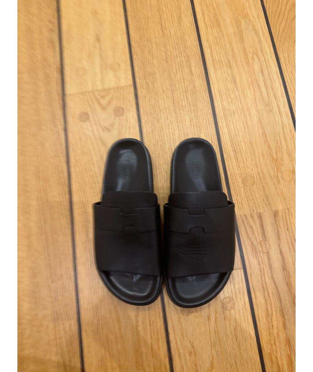 HERMES Черные кожаные шлепанцы, фото 2