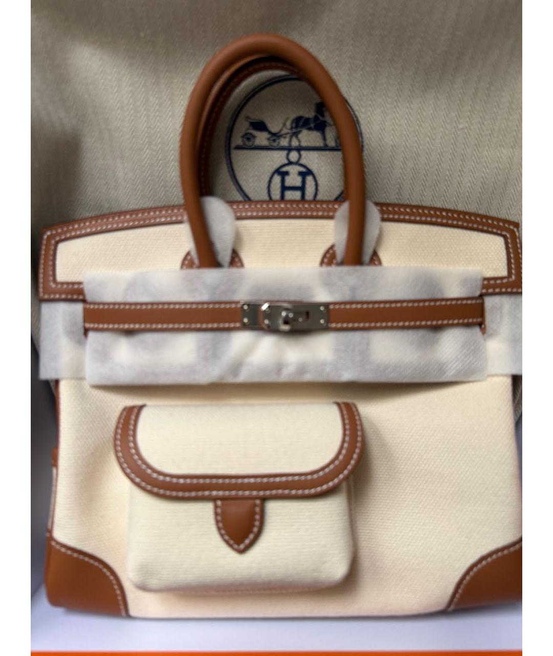 HERMES Бежевая тканевая сумка с короткими ручками, фото 4
