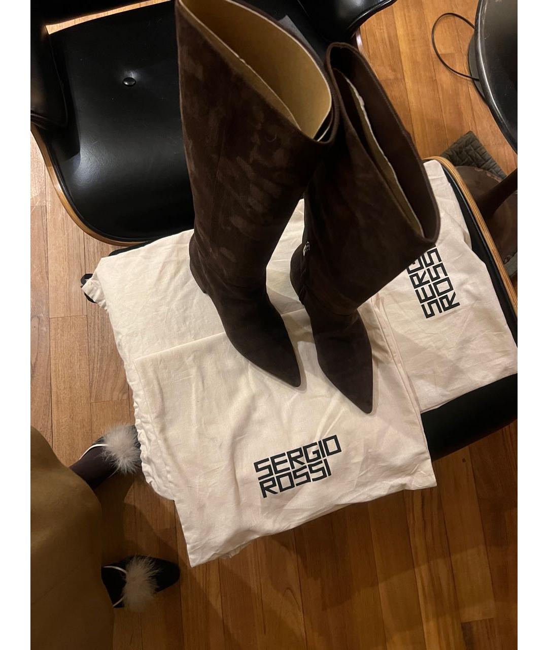 SERGIO ROSSI Коричневые замшевые сапоги, фото 5