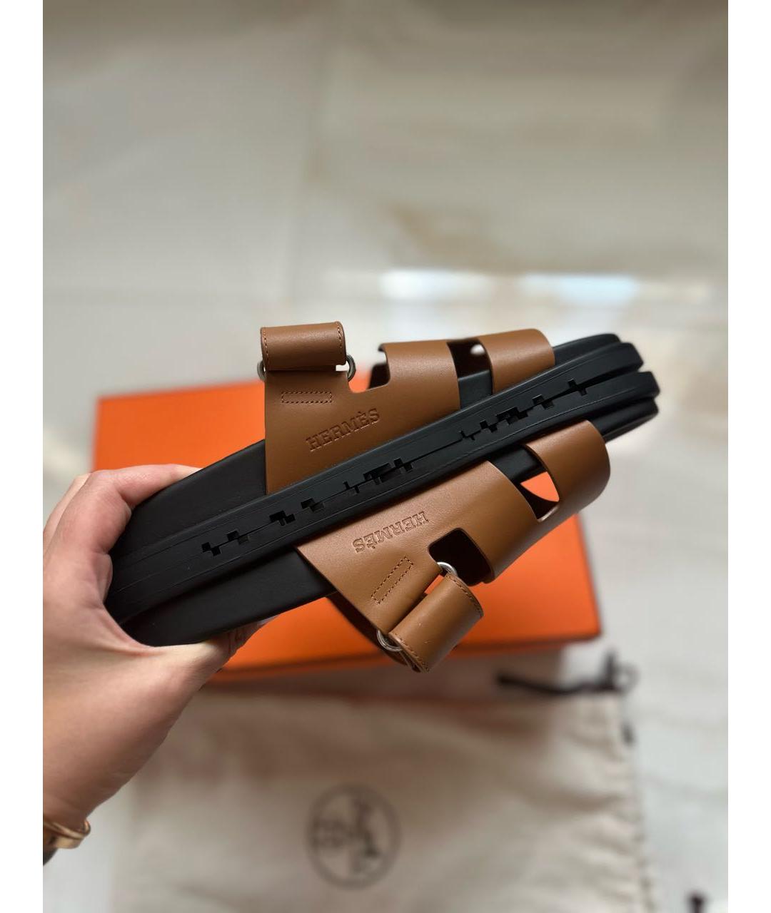 HERMES Коричневые кожаные шлепанцы, фото 2