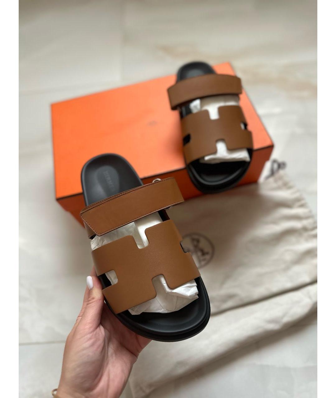 HERMES Коричневые кожаные шлепанцы, фото 3