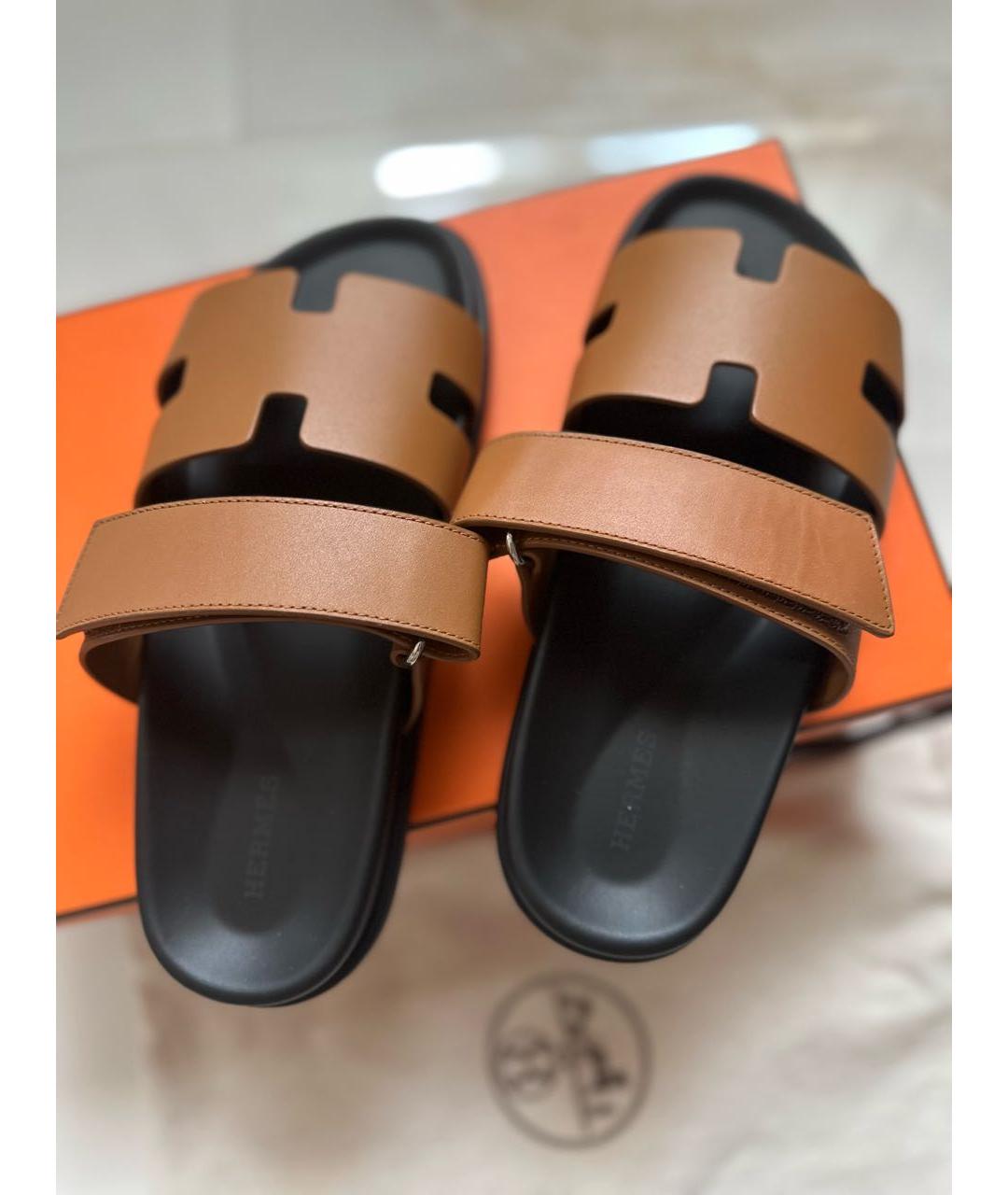 HERMES Коричневые кожаные шлепанцы, фото 4