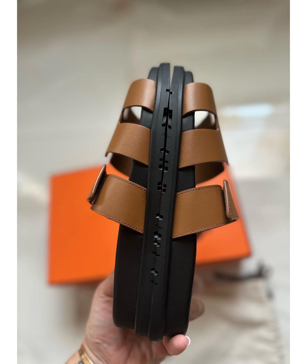 HERMES Коричневые кожаные шлепанцы, фото 7