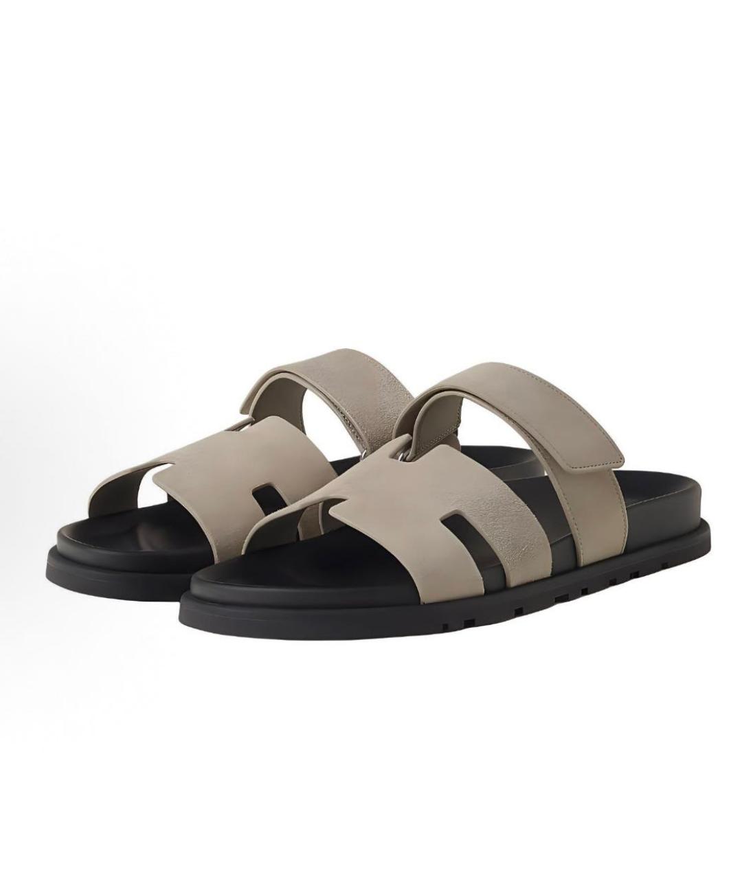 HERMES Бежевые замшевые шлепанцы, фото 2