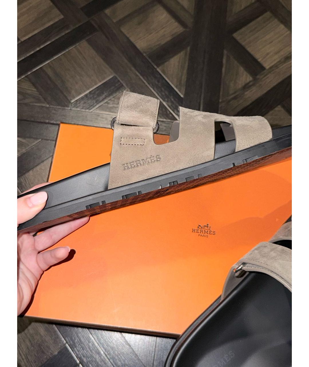 HERMES Бежевые замшевые шлепанцы, фото 5