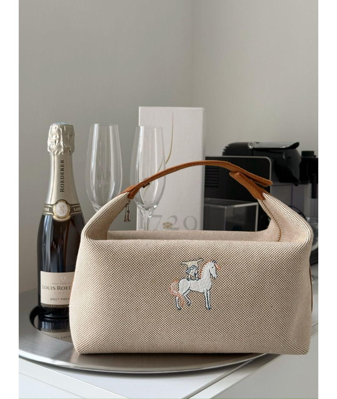 HERMES Бежевая тканевая косметичка, фото 8