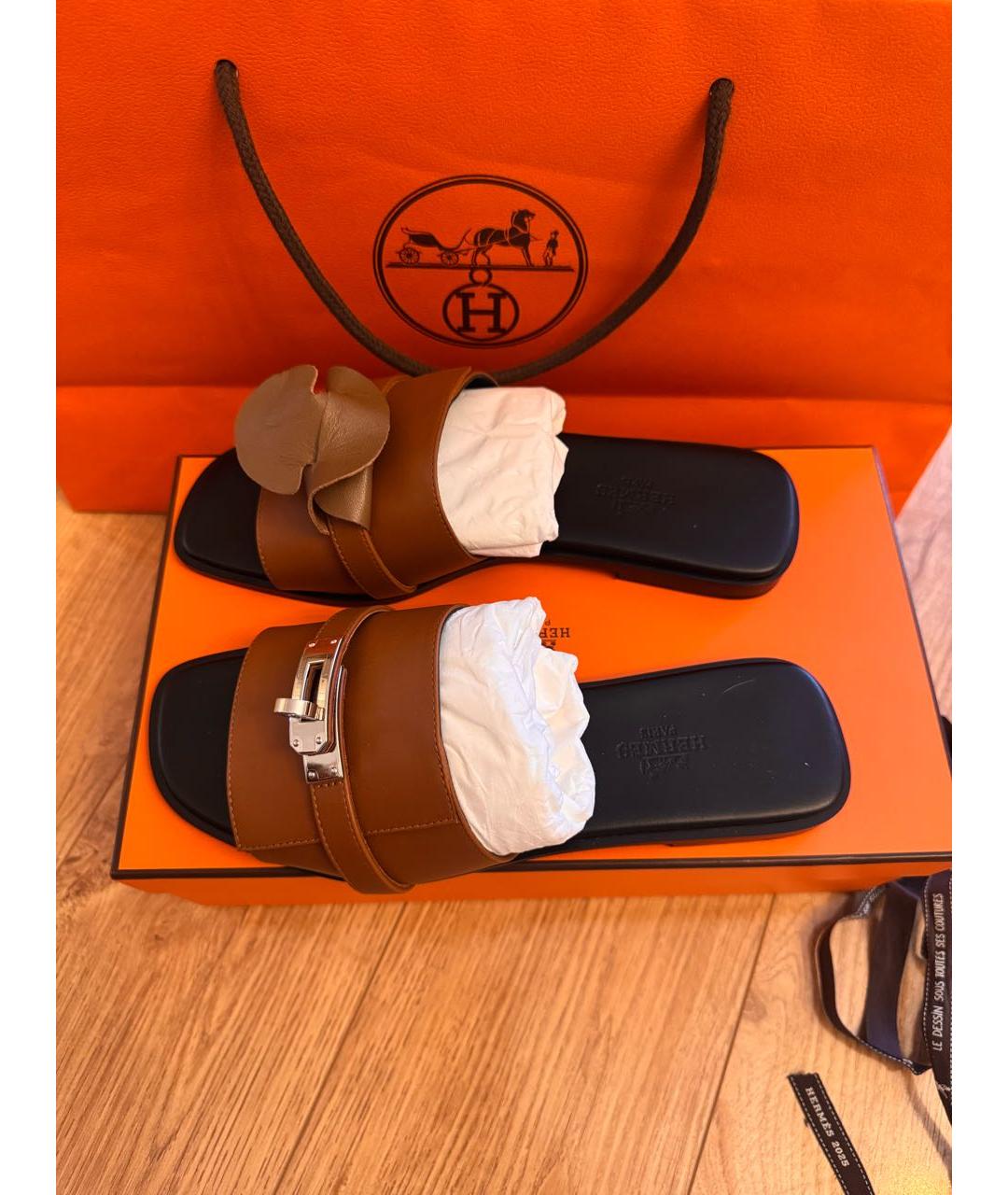 HERMES Коричневые кожаные шлепанцы, фото 4