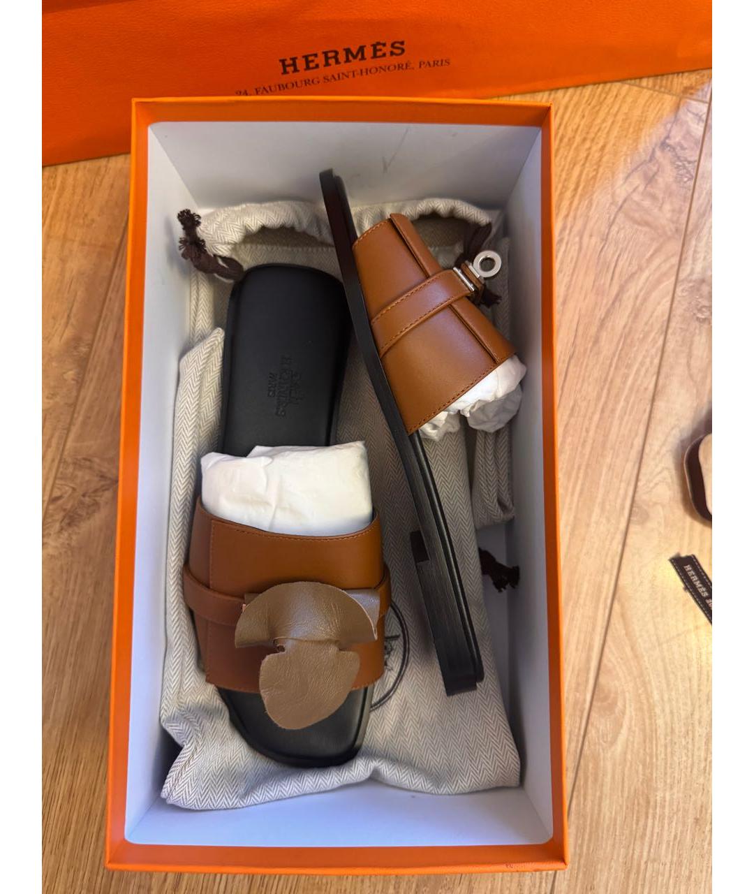 HERMES Коричневые кожаные шлепанцы, фото 3