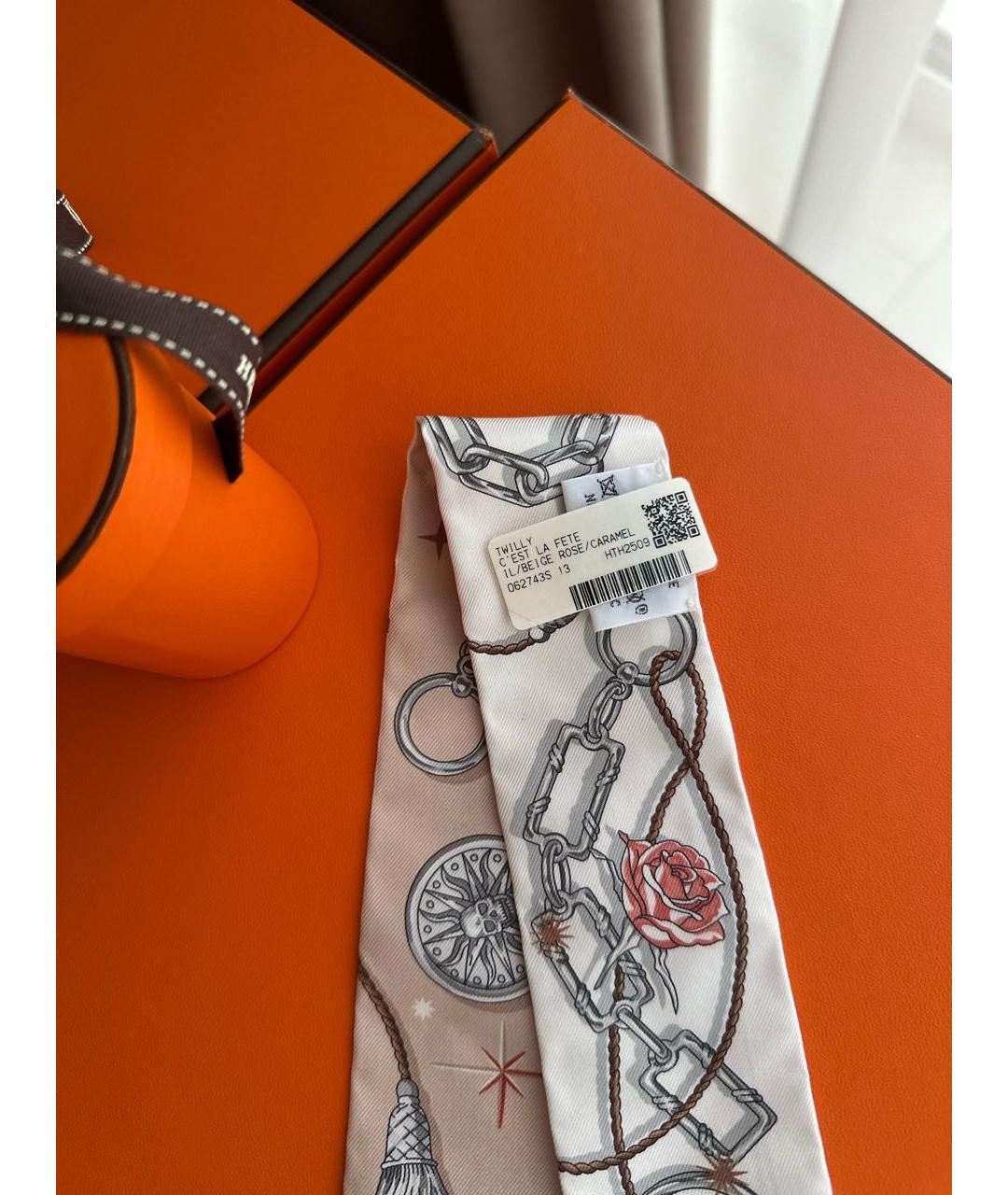 HERMES Бежевый шелковый платок, фото 5