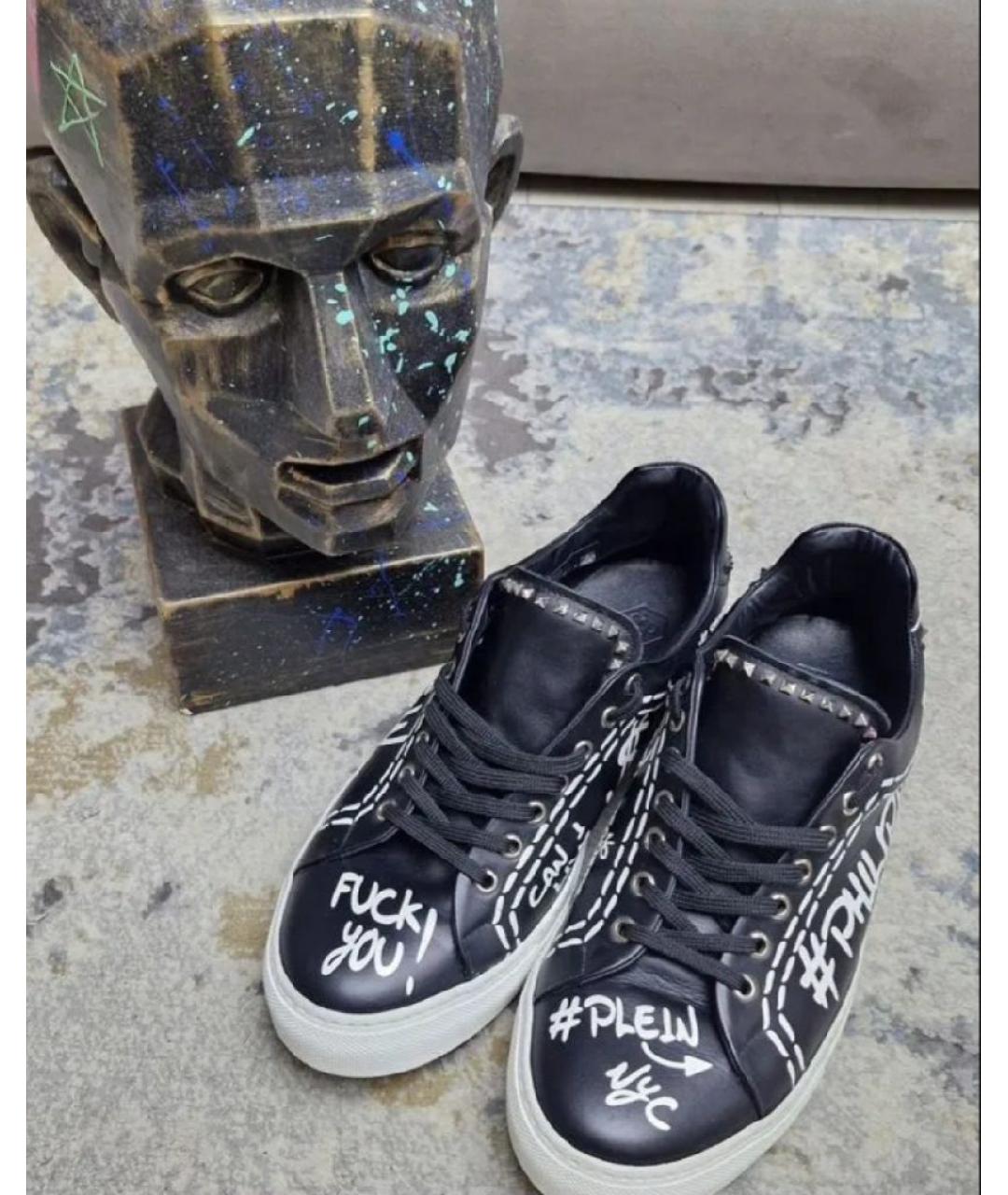 PHILIPP PLEIN Черные кожаные низкие кроссовки / кеды, фото 2