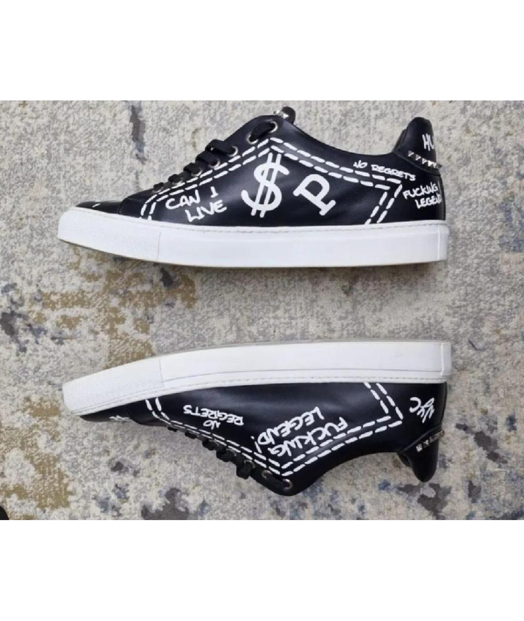 PHILIPP PLEIN Черные кожаные низкие кроссовки / кеды, фото 6