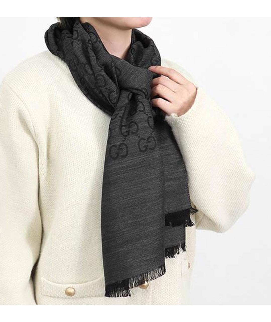 GUCCI Черный шерстяной шарф, фото 3