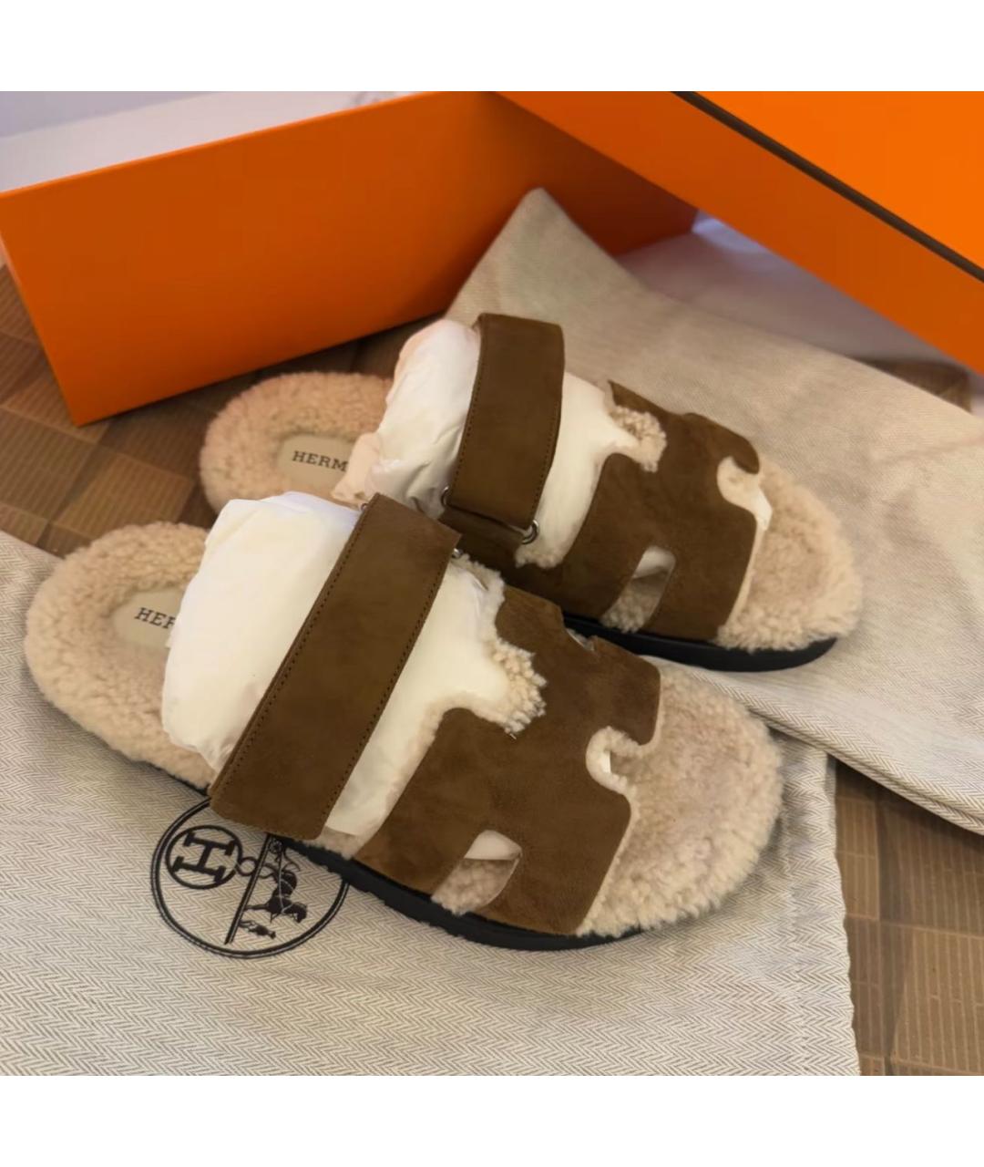 HERMES Коричневые замшевые шлепанцы, фото 4