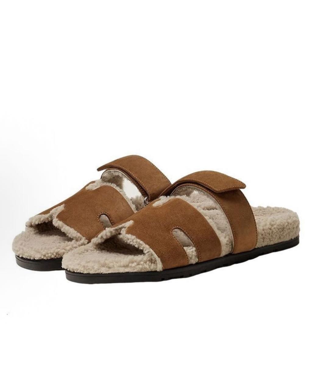 HERMES Коричневые замшевые шлепанцы, фото 2