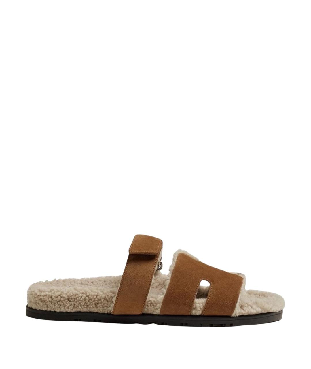 HERMES Коричневые замшевые шлепанцы, фото 1