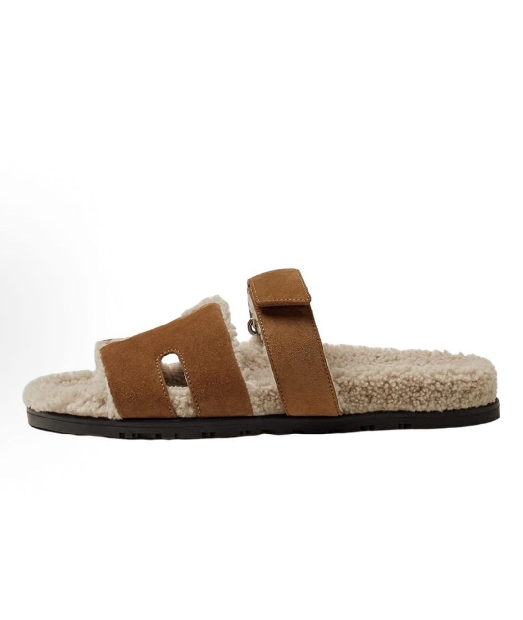 HERMES Коричневые замшевые шлепанцы, фото 7