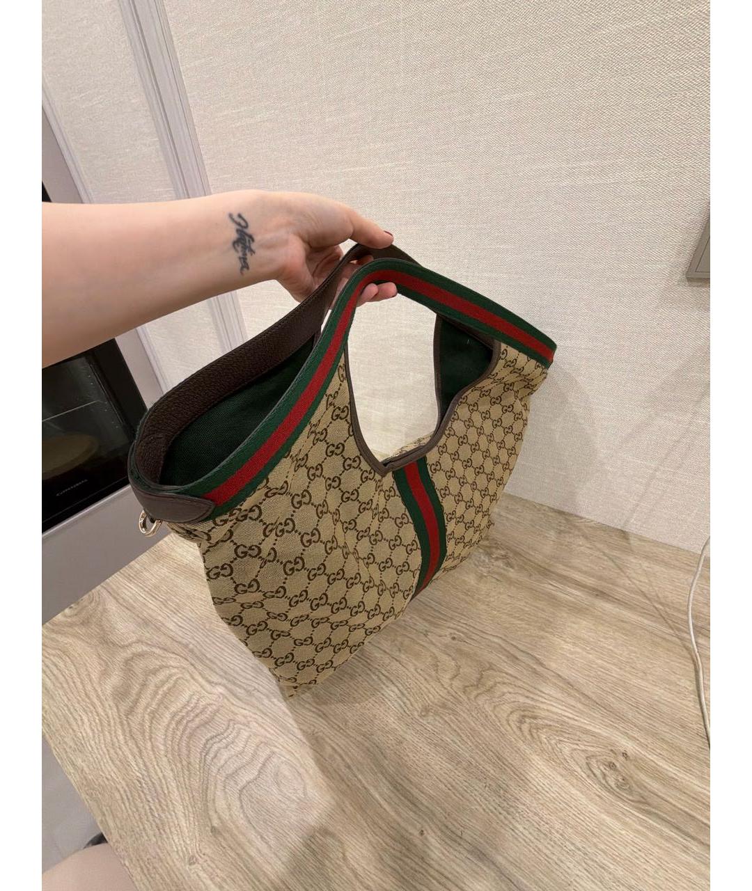 GUCCI Горчичная тканевая сумка тоут, фото 2